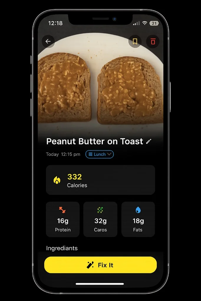 RiseCal app showing a scanned meal with calories, protein, carbs and fat