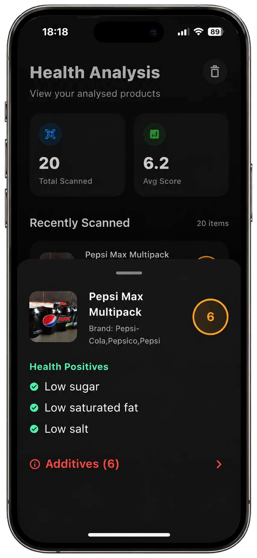 RiseCal additive scanner checking a packaged food label
