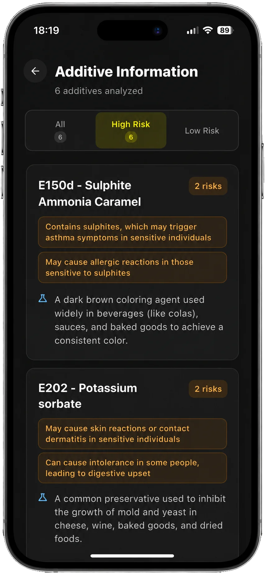 RiseCal additive scan results explaining E-numbers found in the food