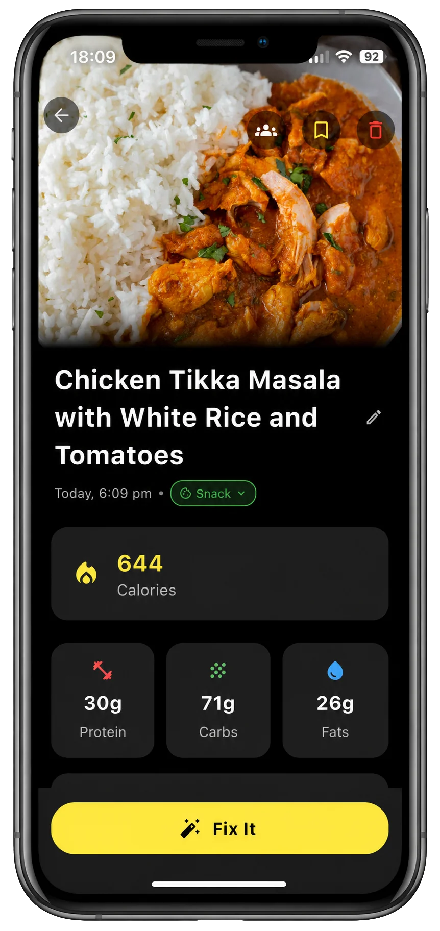 RiseCal AI food recognition analysing a meal photo for calories and macros