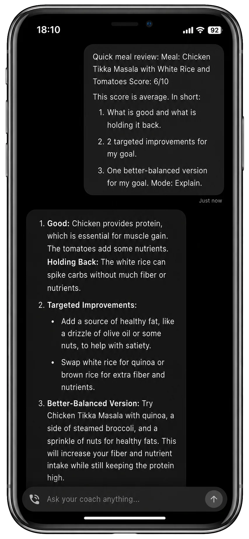 RiseCal personal AI nutrition coach chat conversation