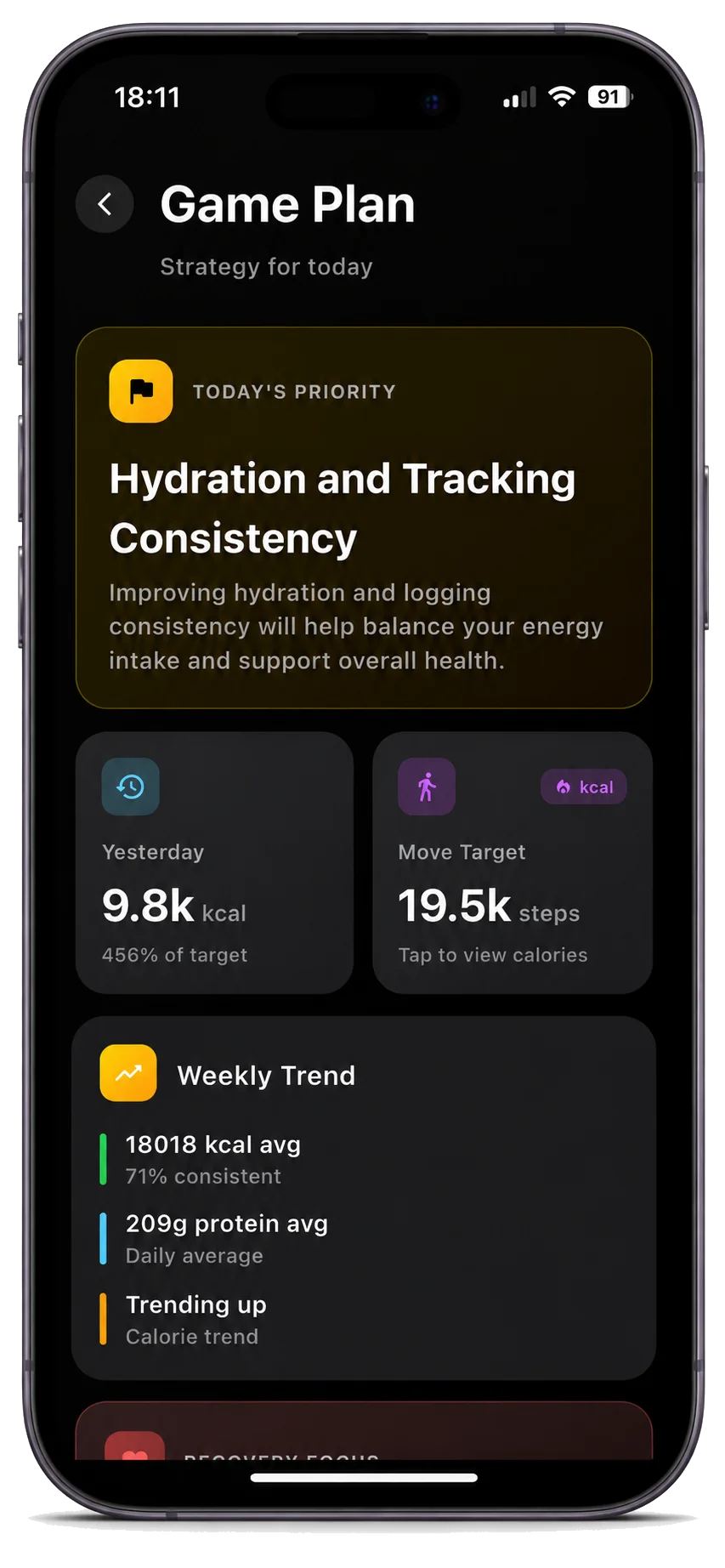 RiseCal daily game plan with personalised nutrition and workout targets