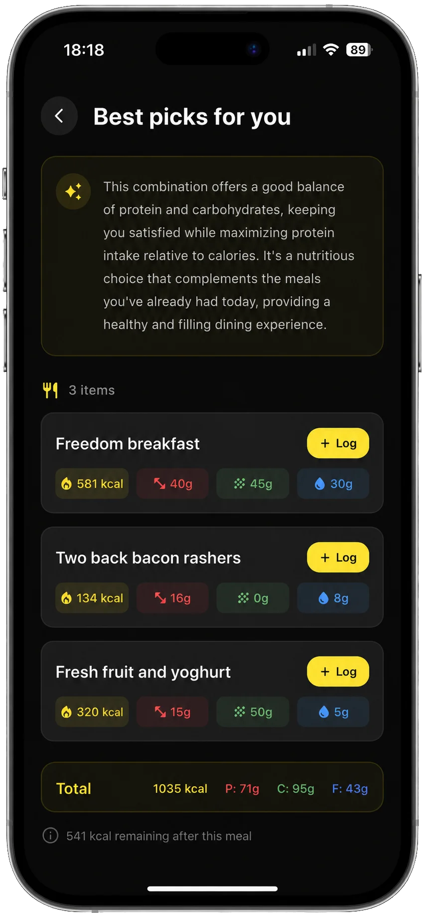 RiseCal menu scan recommending dishes that fit your calorie goals