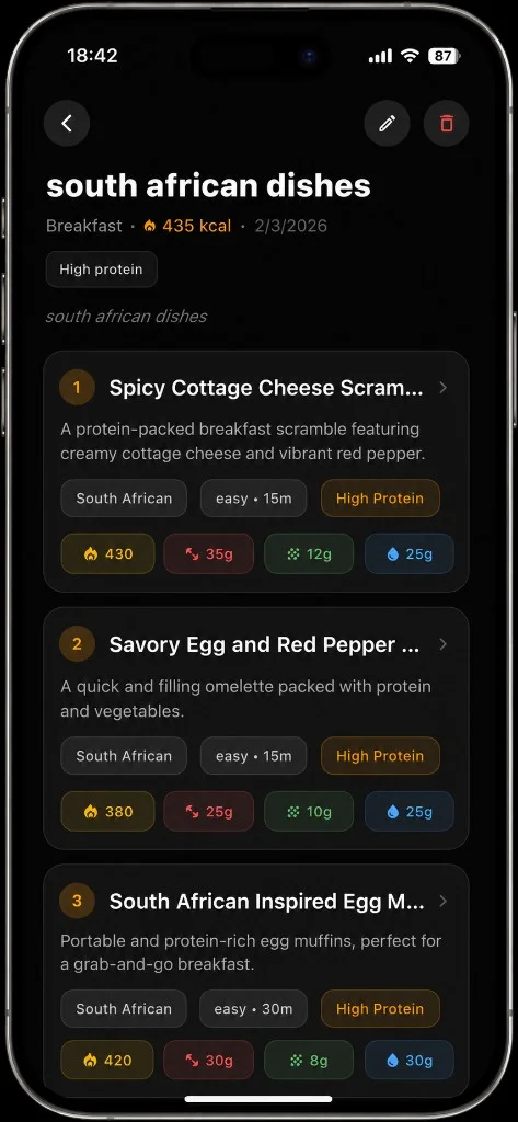 RiseCal recipe finder results showing calories and macros per recipe