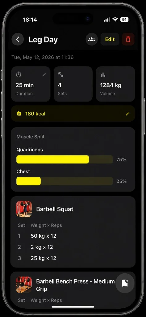 RiseCal workout tracker logging sets, reps and weight at the gym